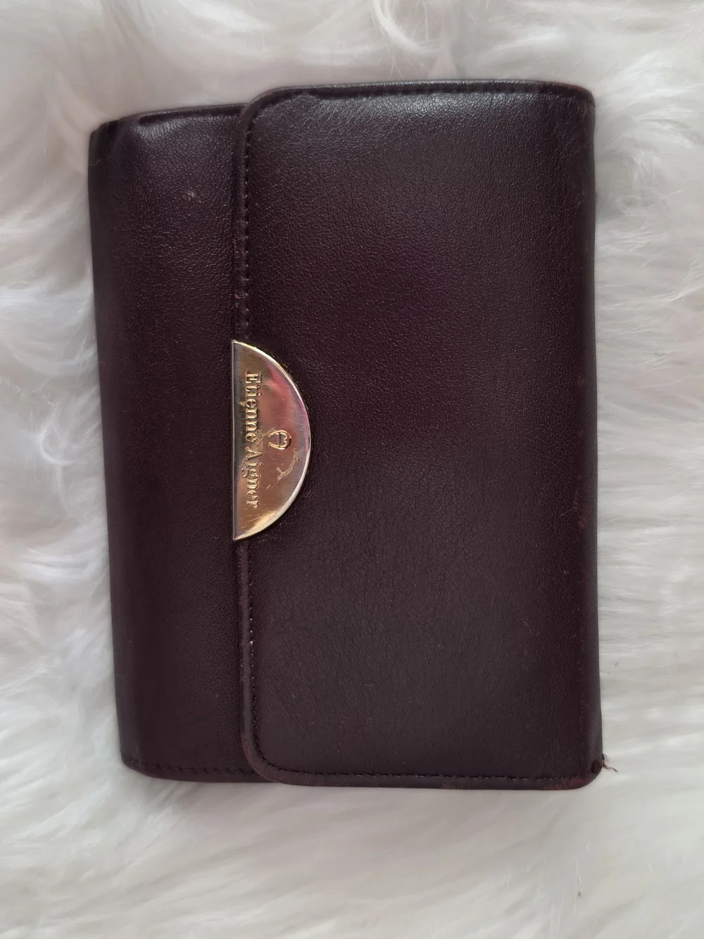 Etienne Aigner Burgundy Leather Trifold Wallet with Gold Hardware